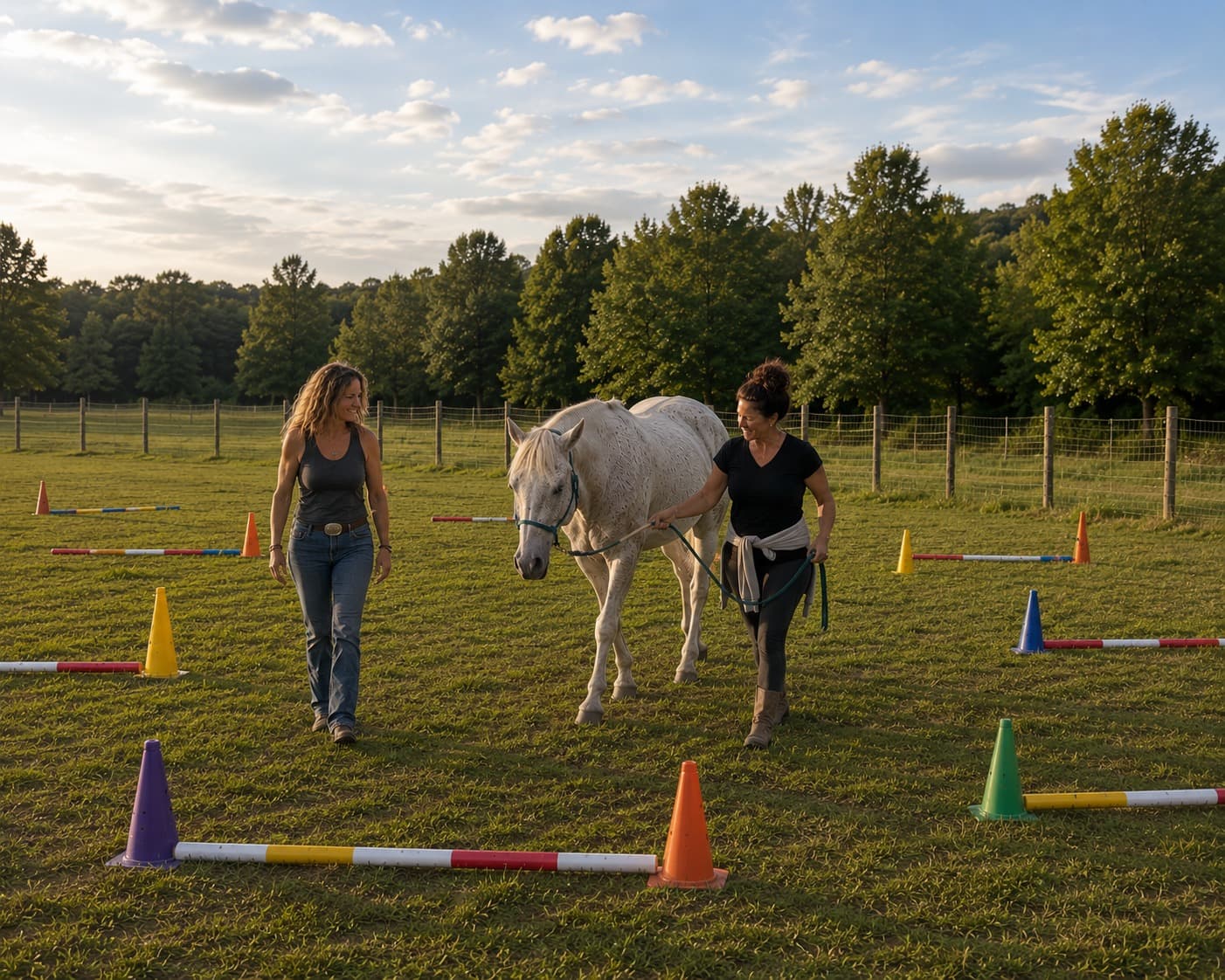 A reflective moment walking beside a horse at golden hour