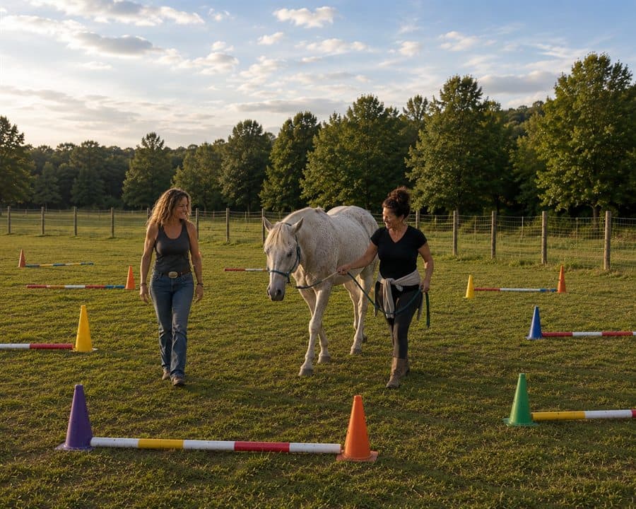 Walking with a horse through a course at golden hour